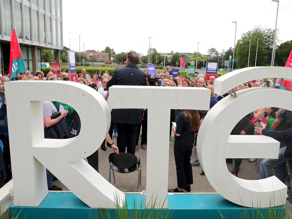 RTE staff pictured taking part in a protest outside the broadcasters HQ in relation to payments .    Picture; Gerry Mooney