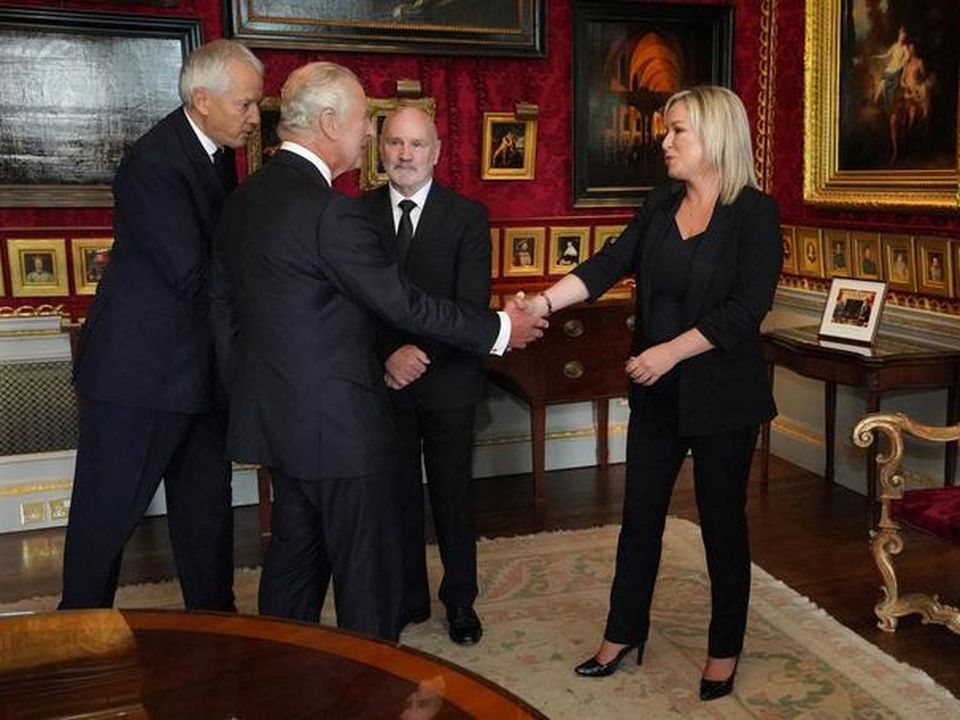 King Charles III meeting Northern Ireland Assembly Speaker Alex Maskey and Sinn Féin Vice President Michelle O'Neill at Hillsborough Castle, Co Down.(Niall Carson/Pool via REUTERS)