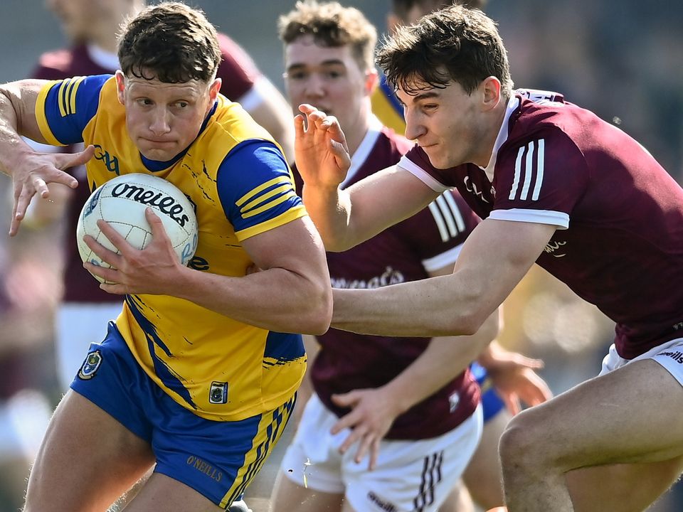 Conor Cox of Roscommon tries to evade Galway's Matthew Tierney in league action last month