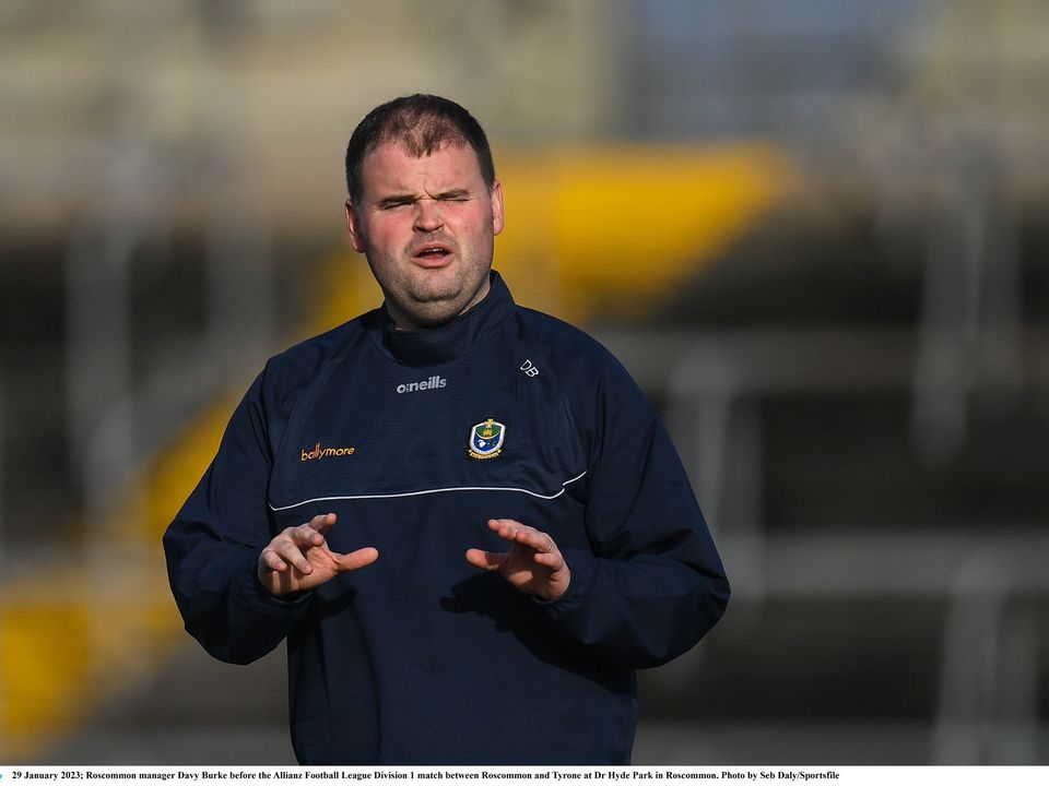 29 January 2023; Roscommon manager Davy Burke before the Allianz Football League Division 1 match between Roscommon and Tyrone at Dr Hyde Park in Roscommon. Photo by Seb Daly/Sportsfile