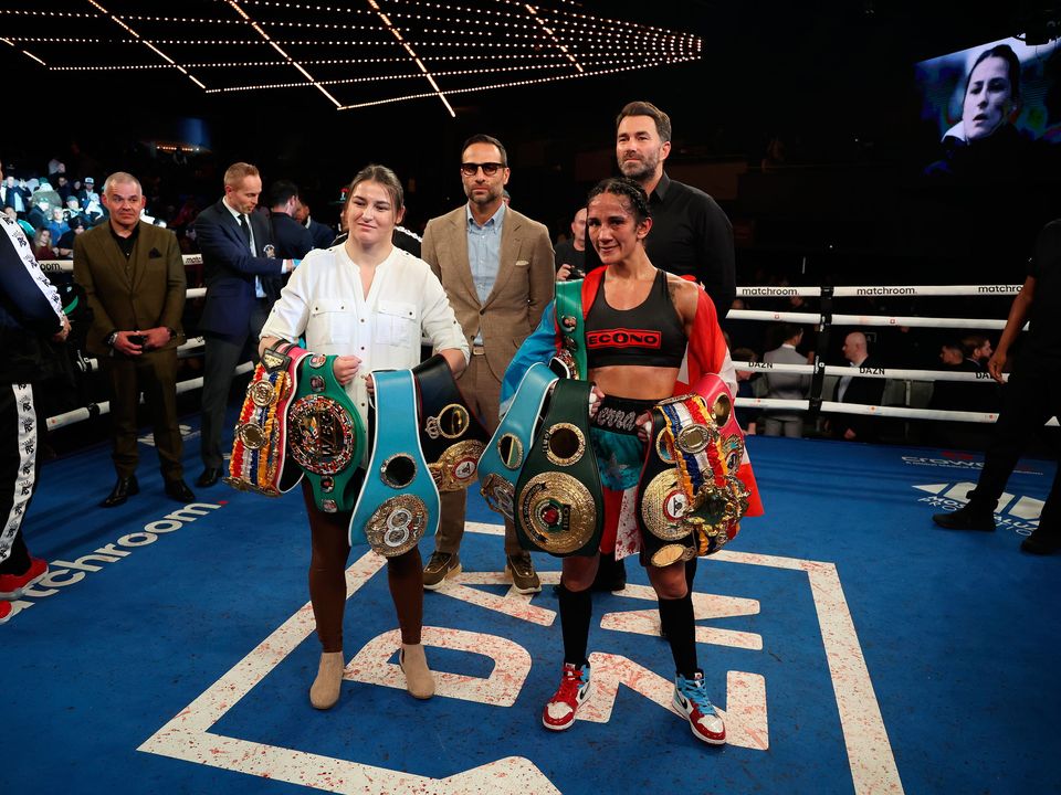 Amanda Serrano and Katie Taylor pose at Madison Square Garden last night. Photo: Al Bello/Getty Images
