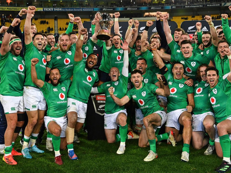 Ireland players celebrate after their first ever series win over New Zealand following the third rugby international between the All Blacks and Ireland in Wellington, New Zealand, Saturday, July 16, 2022.(Andrew Cornaga/Photosport via AP)