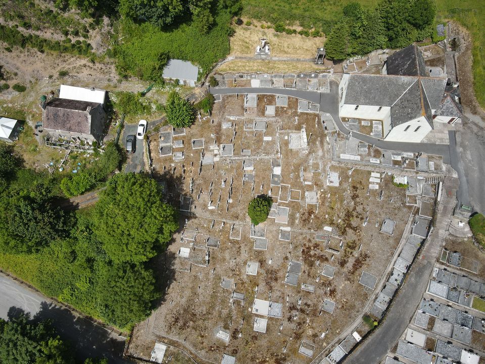 The house (top left) which was blasting lewd audio near the church (top right) in Kilgobnet, Co Waterford today