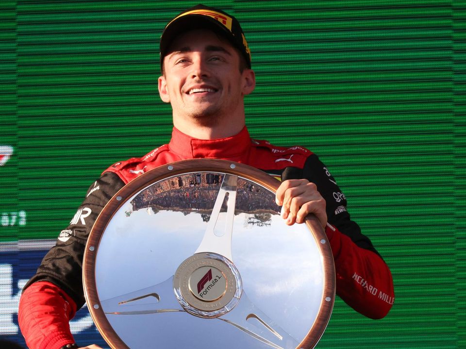 Charles Leclerc celebrates his Australian Grand Prix with Sergio Perez finishing runner-up. Photo: PA/Reuters