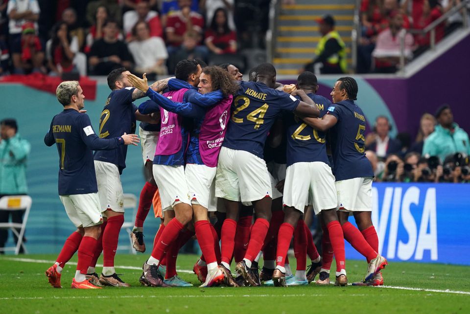 France's Randal Kolo Muani celebrates scoring the second goal with his team mates during the FIFA World Cup Semi-Final match at the Al Bayt Stadium in Al Khor, Qatar. Picture date: Wednesday December 14, 2022.