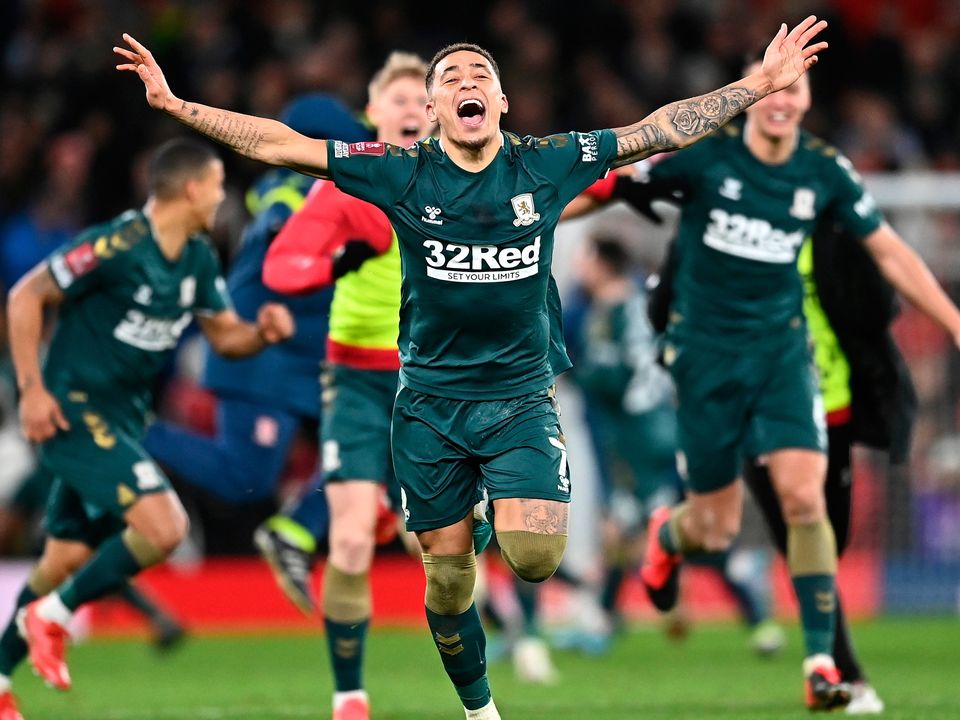 Marcus Tavernier of Middlesbrough celebrates after beating Manchester United on penalties during the Emirates FA Cup Fourth Round match at Old Trafford on February 04, 2022 in Manchester, England. (Photo by Clive Mason/Getty Images)
