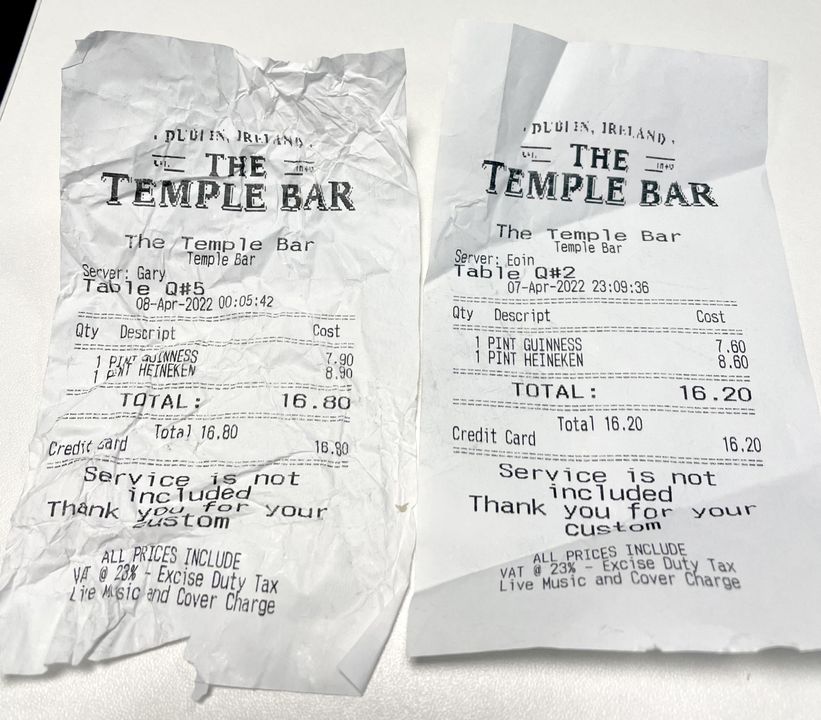 The receipts for the drinks