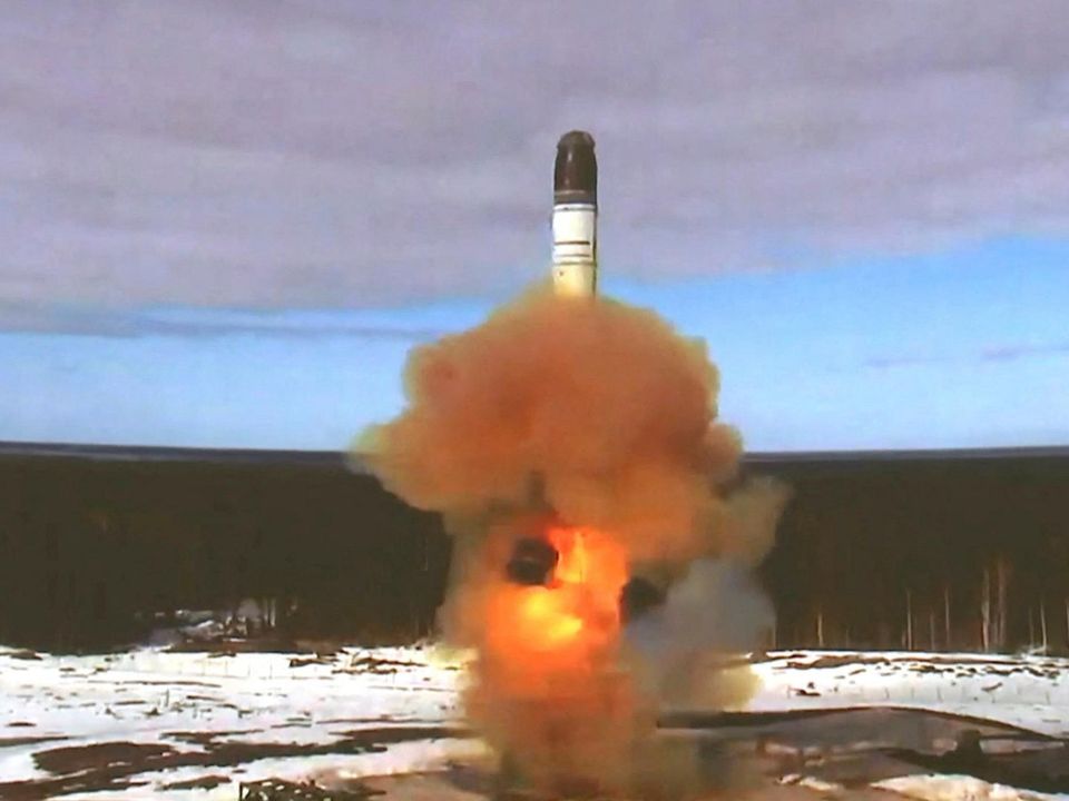 The Sarmat intercontinental ballistic missile is launched during a test at Plesetsk cosmodrome in Arkhangelsk region, Russia, in this still image taken from a video released on April 20, 2022. Picture: Reuters