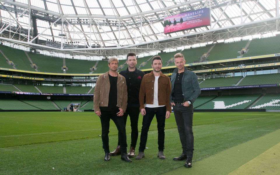 29/10/2021Members of Westlife (L TO R)  Kian Egan,Mark Feehily, Shane Filan,Nicky Byrneat the announcement that they are to play a concert in the Aviva Stadium, Dublin as part of their upcoming world tour in 2022. The Irish music icons will finally return to the stage on Friday, July 8, 2022, as the music industry gets back on track post-Covid.Photo: Gareth Chaney/Collins