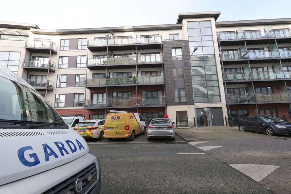 Garda vehicles outside a block of apartments in Royal Canal Park, Ashtown, west Dublin, yesterday where a woman's body was discovered. Photo: Colin Keegan/Collins