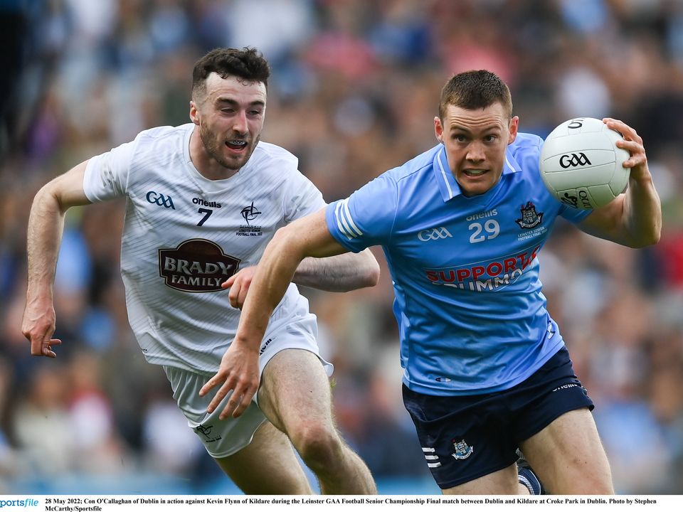 28 May 2022; Con O'Callaghan of Dublin in action against Kevin Flynn of Kildare during the Leinster GAA Football Senior Championship Final match between Dublin and Kildare at Croke Park in Dublin. Photo by Stephen McCarthy/Sportsfile