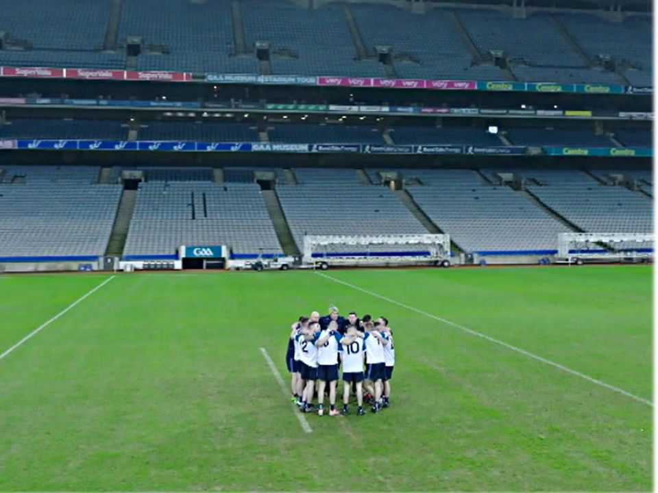 The players gather on the pitch in Croke Park for the crunch match
