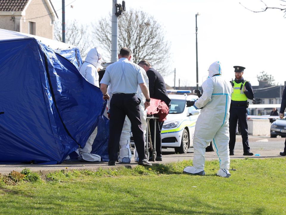 The murder scene at Deanstown Avenue, Finglas, where a man was shot in the early hours of yesterday morning. Photo: Gerry Mooney