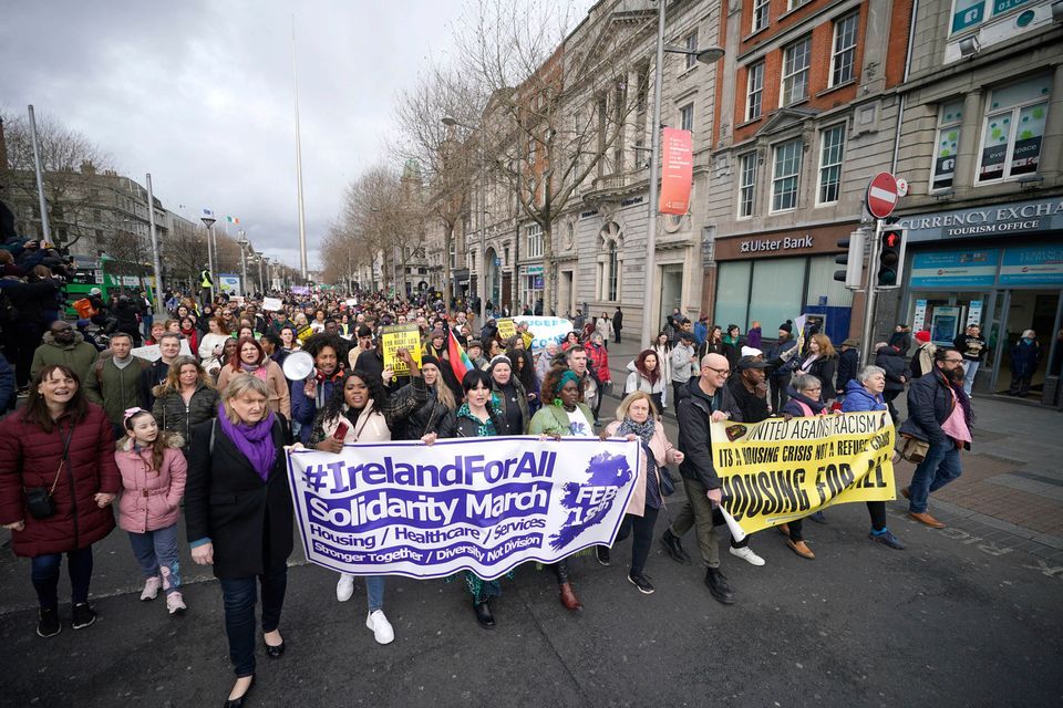 Crowds marching through O’Connell Street