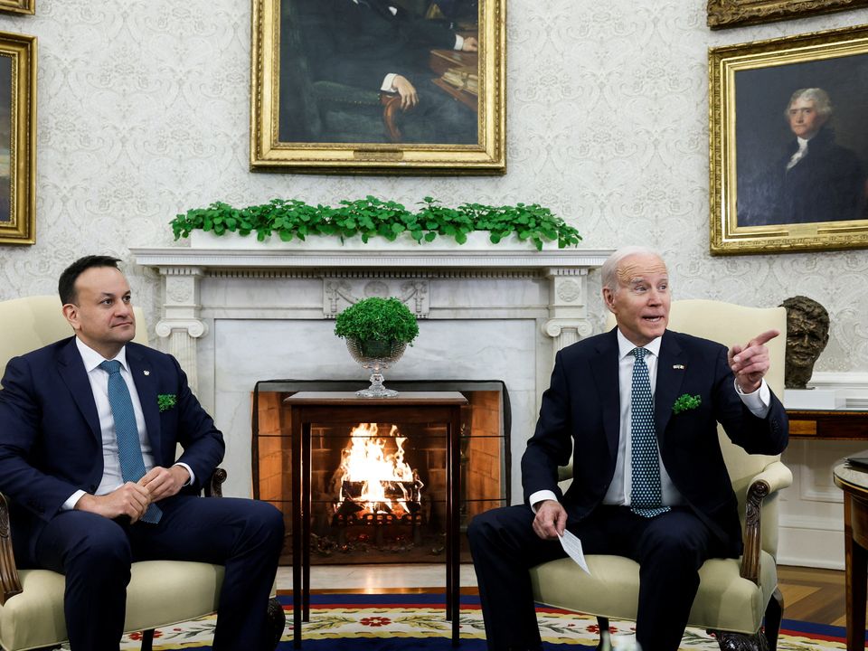 U.S. President Joe Biden takes a question as he meets Taoiseach Leo Varadkar in the Oval Office at the White House in Washington on St Patrick's Day. Photo: Reuters