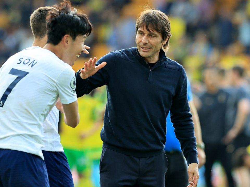 NORWICH, ENGLAND - MAY 22:   Antonio Conte, the Tottenham Hotspur manager celebrates after their victory during the Premier League match between Norwich City and Tottenham Hotspur at Carrow Road on May 22, 2022 in Norwich, England. (Photo by David Rogers/Getty Images)