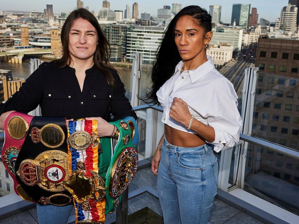 Katie Taylor poses with Amanda Serrano to promote Saturday's blockbuster fight in New York. Photo: Mark Robinson/Matchroom Boxing