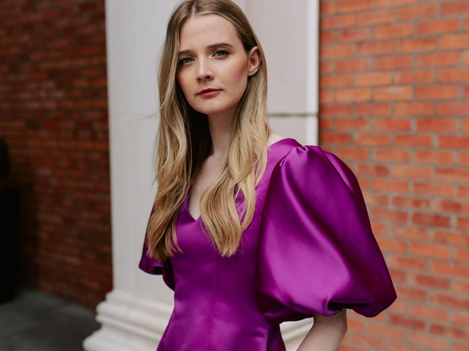 Amalfi dress in purple satin, €280
