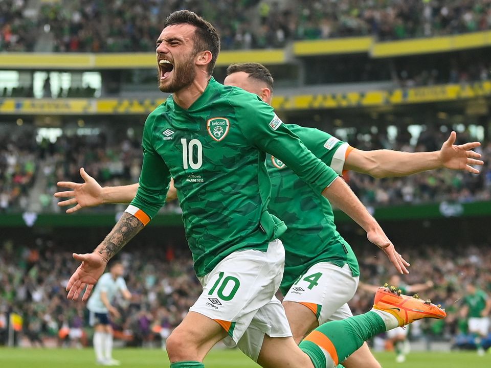 11 June 2022; Troy Parrott of Republic of Ireland celebrates after scoring his side's second goal, with teammate Alan Browne, right, during the UEFA Nations League B group 1 match between Republic of Ireland and Scotland at the Aviva Stadium in Dublin. Photo by Seb Daly/Sportsfile