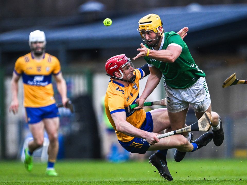 29 April 2023; Tom Morrissey of Limerick is tackled by John Conlon of Clare during the Munster GAA Hurling Senior Championship Round 2 match between Limerick and Clare at TUS Gaelic Grounds in Limerick. Photo by Piaras Ó Mídheach/Sportsfile