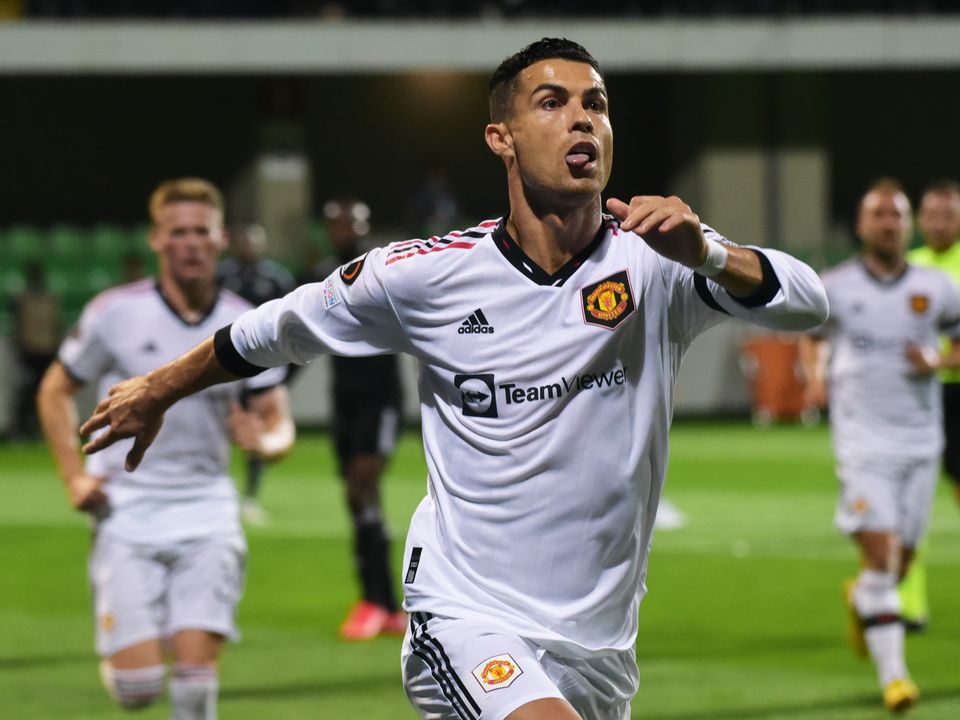 CHISINAU, MOLDOVA - SEPTEMBER 15: Cristiano Ronaldo of Manchester United celebrates after scoring their team's second goal from the penalty spot during the UEFA Europa League group E match between Sheriff Tiraspol and Manchester United at Stadionul Sheriff on September 15, 2022 in Tiraspol, Moldova. (Photo by Oleg Bilsagaev/Getty Images)