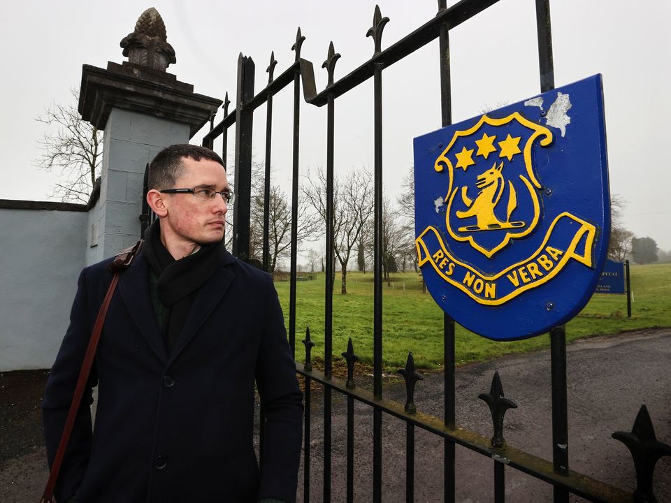 Dismissed history and German teacher Enoch Burke at the gates of Wilson’s Hospital School. Photo: Gerry Mooney