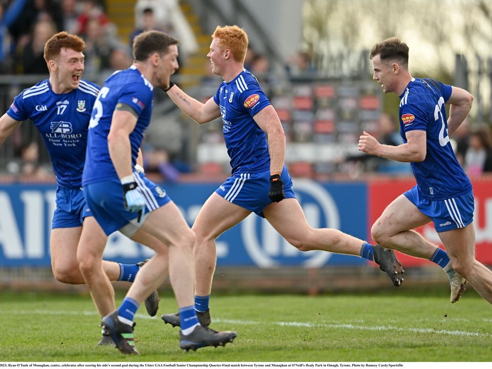 16 April 2023; Ryan O'Toole of Monaghan, centre, celebrates after scoring his side's second goal during the Ulster GAA Football Senior Championship Quarter-Final match between Tyrone and Monaghan at O'Neill's Healy Park in Omagh, Tyrone. Photo by Ramsey Cardy/Sportsfile