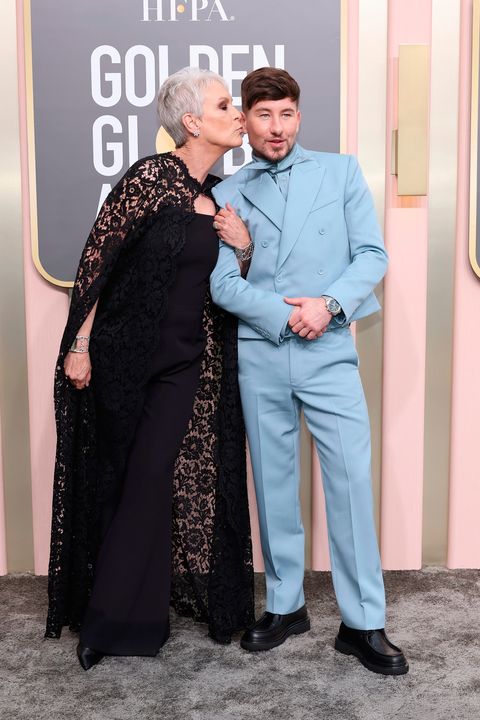 BEVERLY HILLS, CALIFORNIA - JANUARY 10: (L-R) Jamie Lee Curtis and Barry Keoghan attend the 80th Annual Golden Globe Awards at The Beverly Hilton on January 10, 2023 in Beverly Hills, California. (Photo by Amy Sussman/Getty Images)