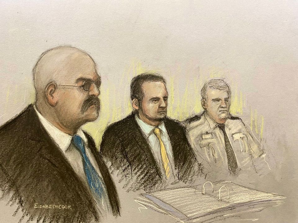 Court sketch by Elizabeth Cook of notorious inmate Charles Bronson (left), appearing via video link from HMP Woodhill, during his public parole hearing at the Royal Courts Of Justice, London (Elizabeth Cook/PA)