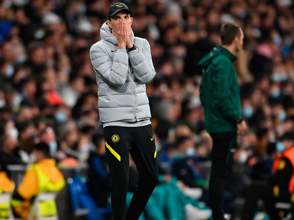 Chelsea coach Thomas Tuchel reacts at Estadio Santiago Bernabeu on April 12, 2022 in Madrid, Spain. (Photo by Shaun Botterill/Getty Images)