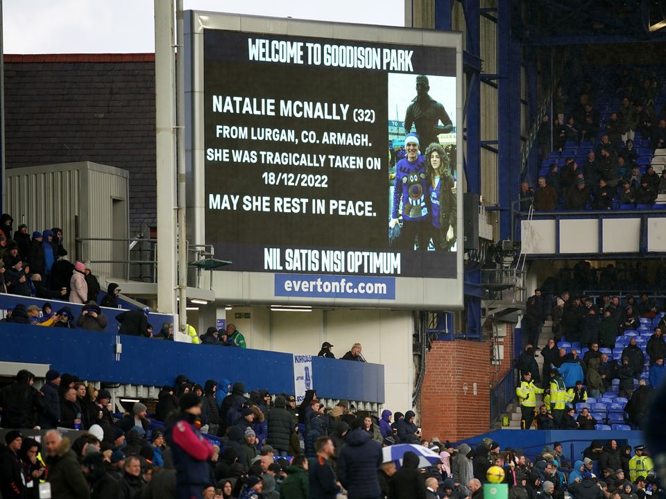 A tribute in memory of Natalie McNally is displayed prior to the Premier League match between Everton and Southampton at Goodison Park. PA