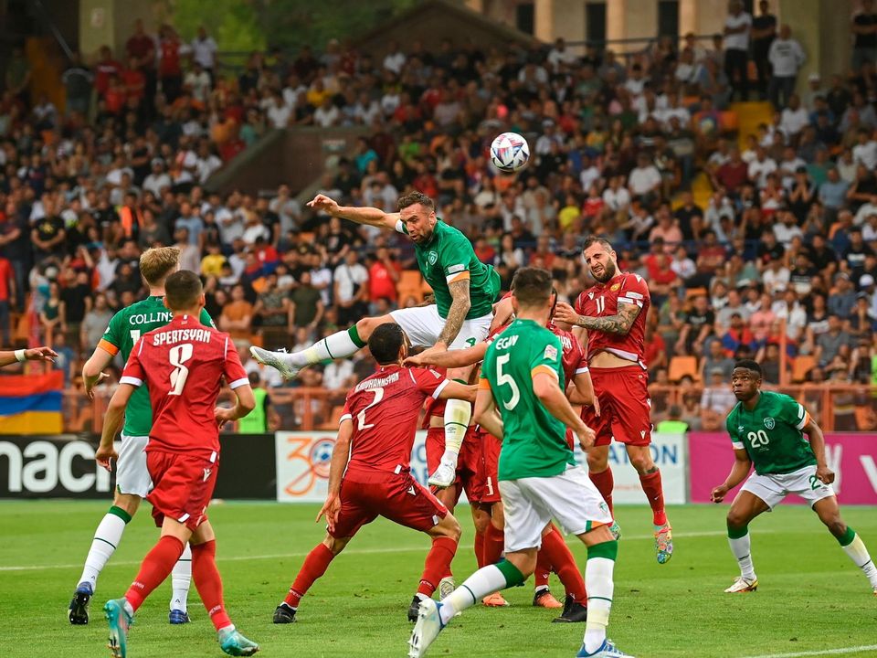 Shane Duffy gets his head to a corner during Ireland's defeat away to Armenia. Photo: Sportsfile