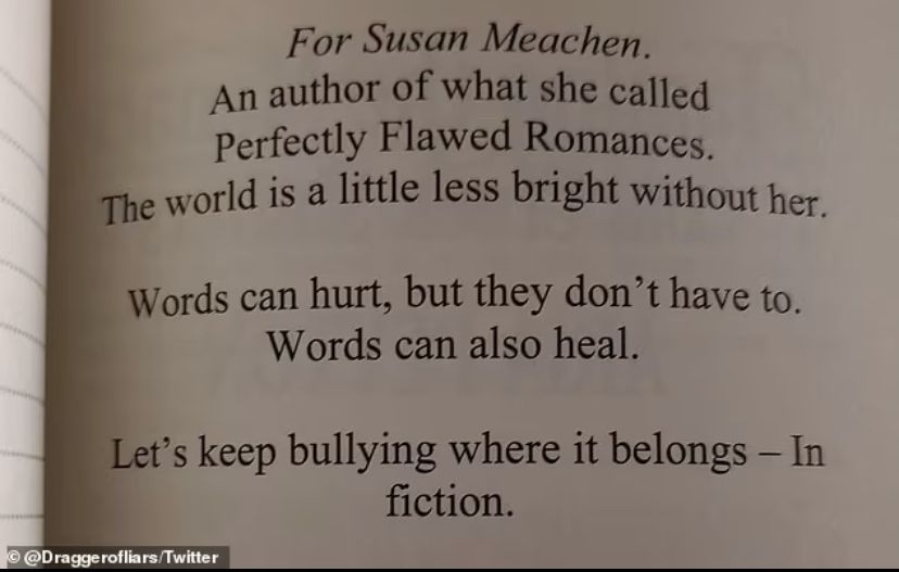 A dedication from a fellow author in the aftermath of her 'death'