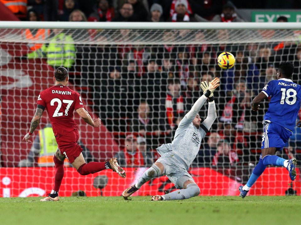 Liverpool's Darwin Nunez shoots towards Leicester City goalkeeper Danny Ward. Picture date: Friday December 30, 2022.