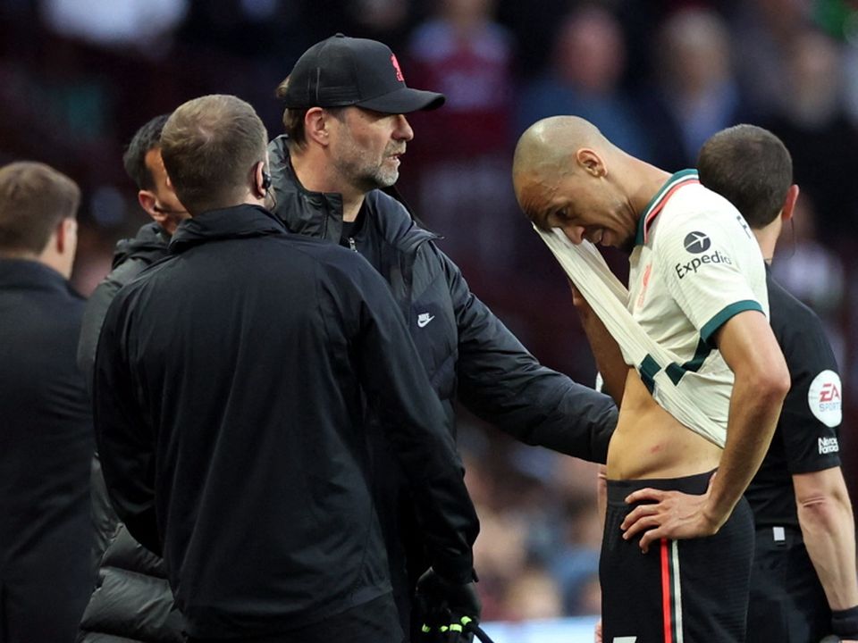Liverpool manager Jurgen Klopp with Fabinho as he is substituted against Aston Villa. Action Images via Reuters/Carl Recine