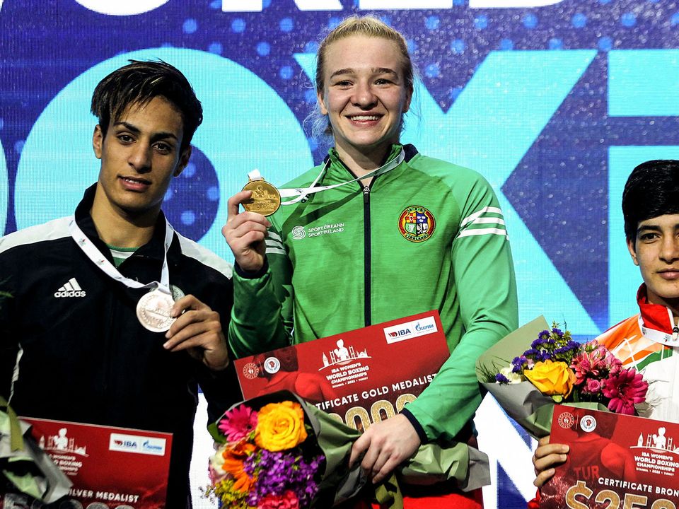 Ireland’s Amy Broadhurst with the gold medal, Algeria’s Imane Khelif with the silver medal, and Parveen of India with the bronze medal 
at the 2022 IBA Women's World Boxing Championships finals in Istanbul. Photo: Inpho/Aleksandar Djorovic
