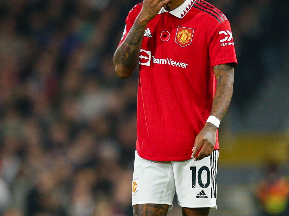 LONDON, ENGLAND - NOVEMBER 13: Marcus Rashford of Manchester United reacts during the Premier League match between Fulham FC and Manchester United at Craven Cottage on November 13, 2022 in London, United Kingdom. (Photo by Craig Mercer/MB Media/Getty Images)