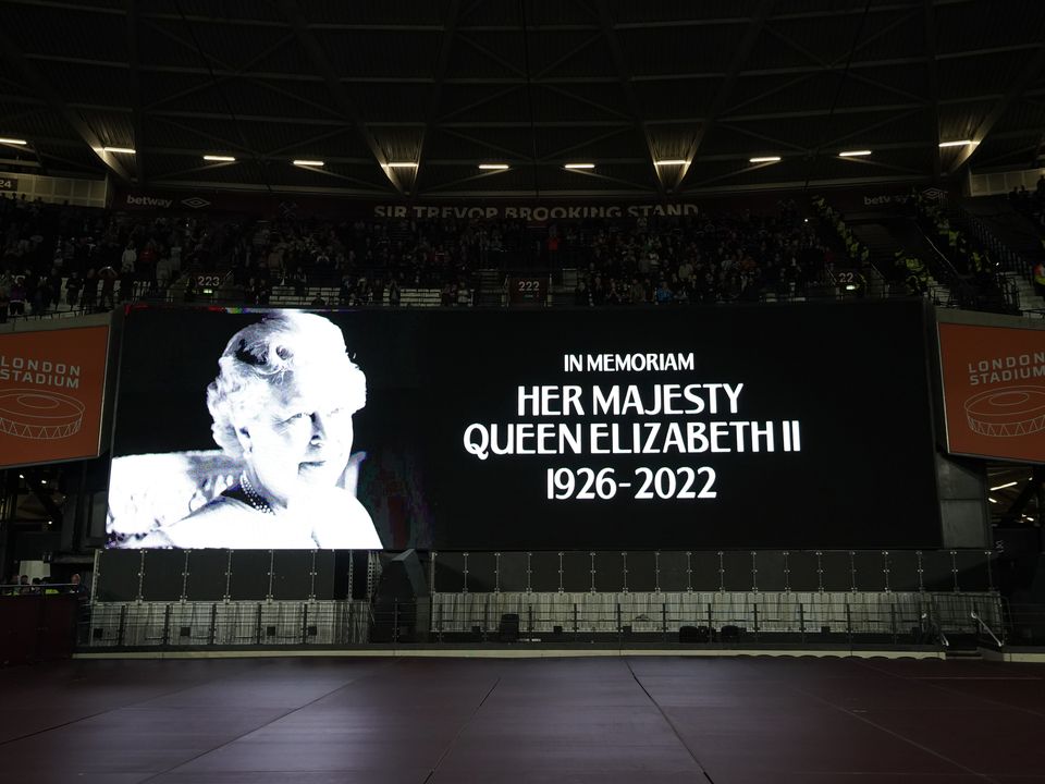 The big screen displays a message in memoriam following the announcement of the death of Queen Elizabeth II, before the UEFA Europa Conference League Group B match at the London Stadium, London. Picture date: Thursday September 8, 2022.