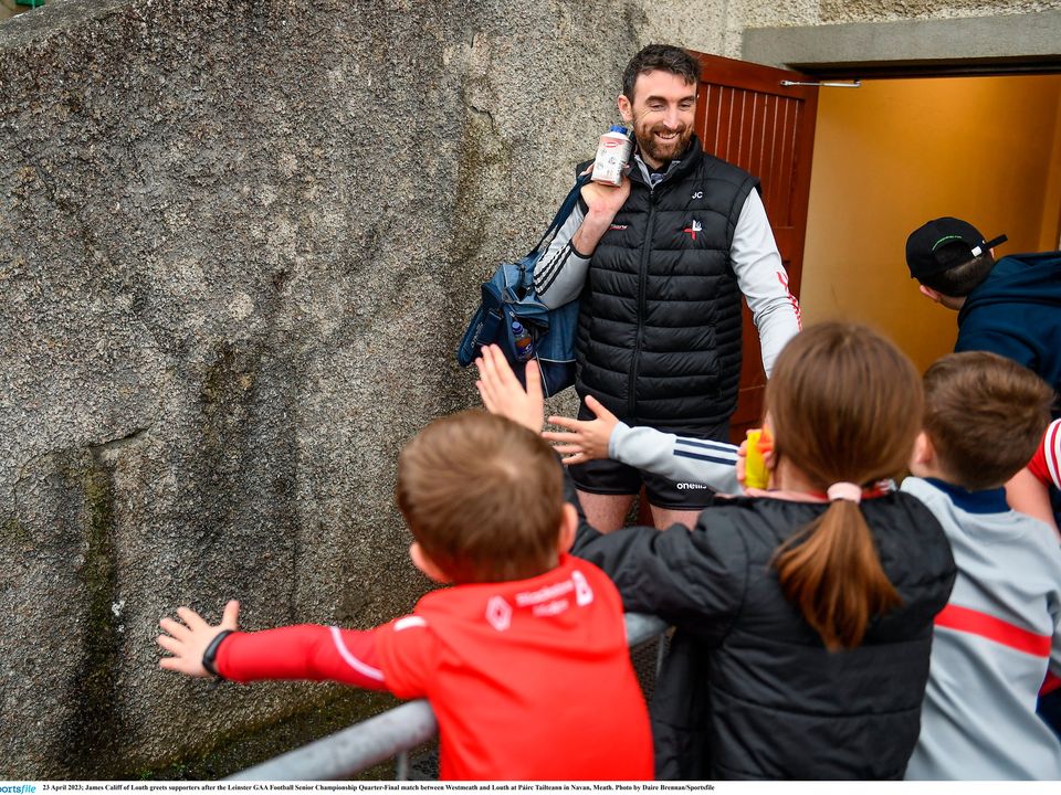 James Califf of Louth greets supporters after the Leinster quarter-final against Westmeath at Páirc Tailteann in Navan. Photo: Daire Brennan/Sportsfile