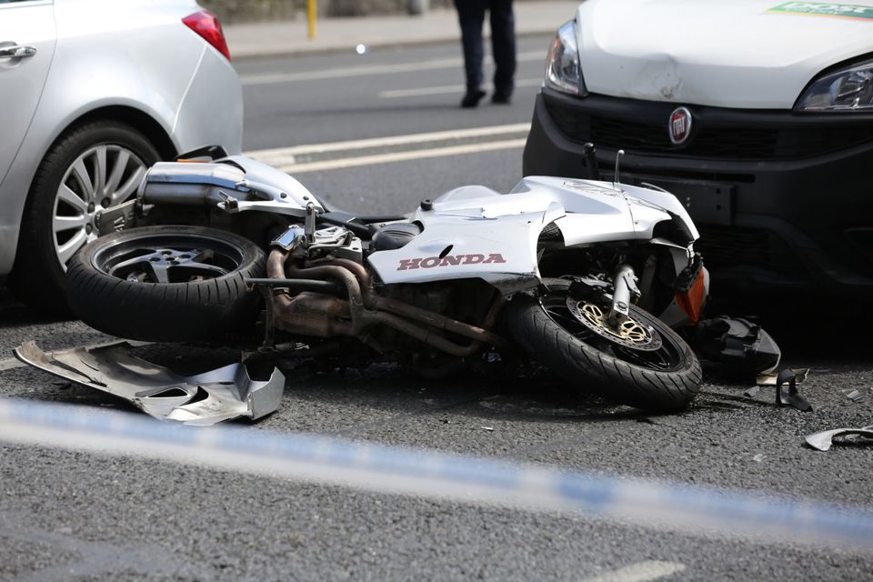 Hutch’s motorbike on the road after striking Ms Linok. Pic Gareth Chaney/ Collins Photos