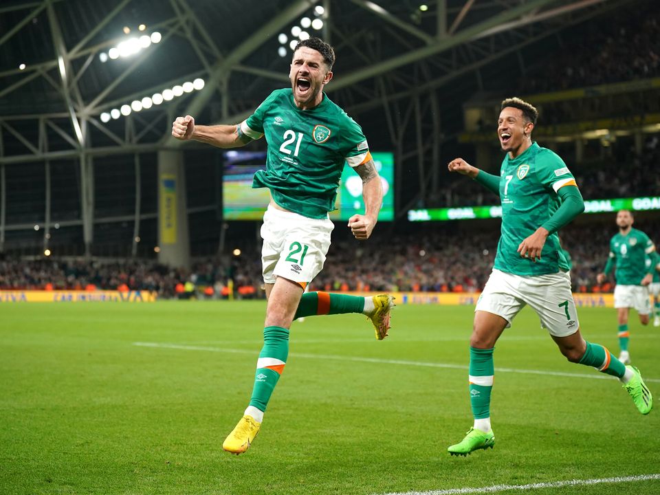 Republic of Ireland's Robbie Brady celebrates scoring their side's third goal of the game from the penalty spoty during the UEFA Nations League match at the Aviva Stadium in Dublin, Ireland. Picture date: Tuesday September 27, 2022.