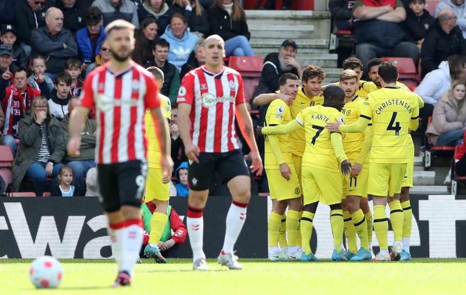 Marcos Alonso celebrates with team-mates including fellow scorers Mason Mount and Timo Werner (Kieran Cleeves/PA)
