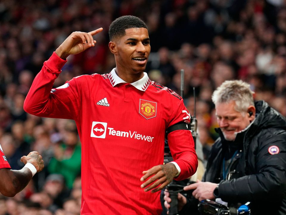 Marcis Rashford is pictured celebrating a goal for Manchester United. The club's shirt sponsorship deal with TeamViewer is to end.