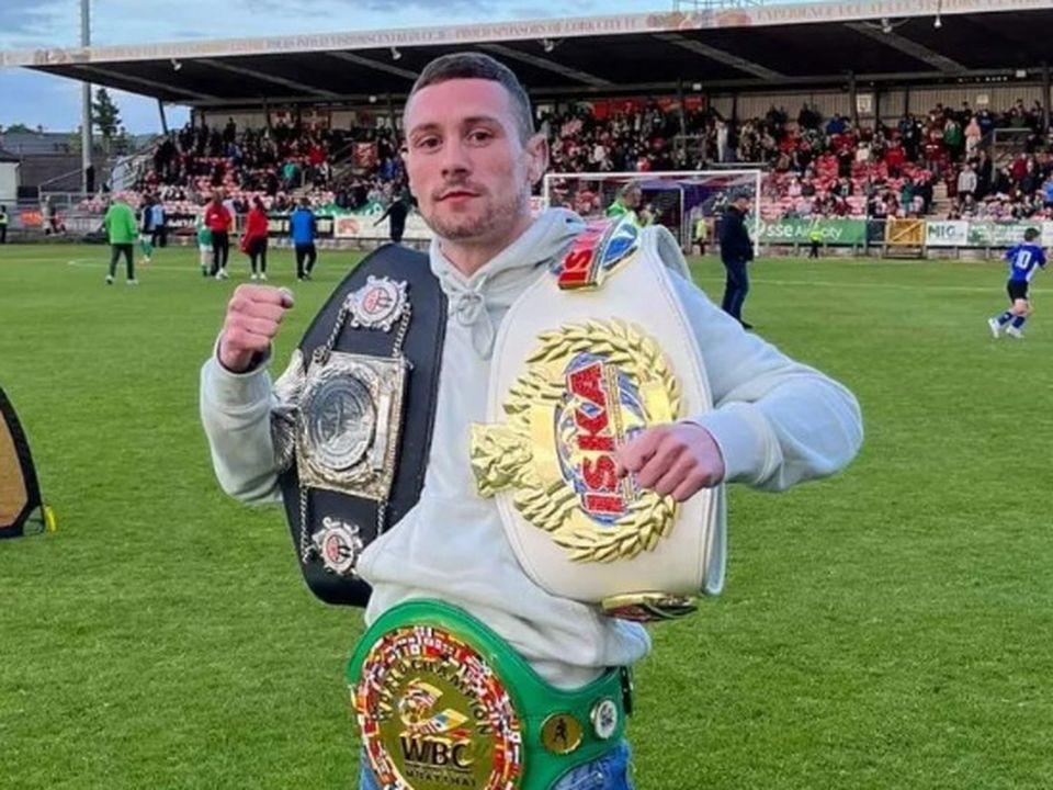 Ryan Sheehan with his World Title belts at Turners Cross.