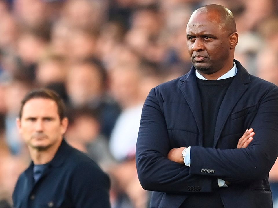 Patrick Vieira, Manager of Crystal Palace looks on during the Premier League match between Everton and Crystal Palace. (Photo by Michael Regan/Getty Images)