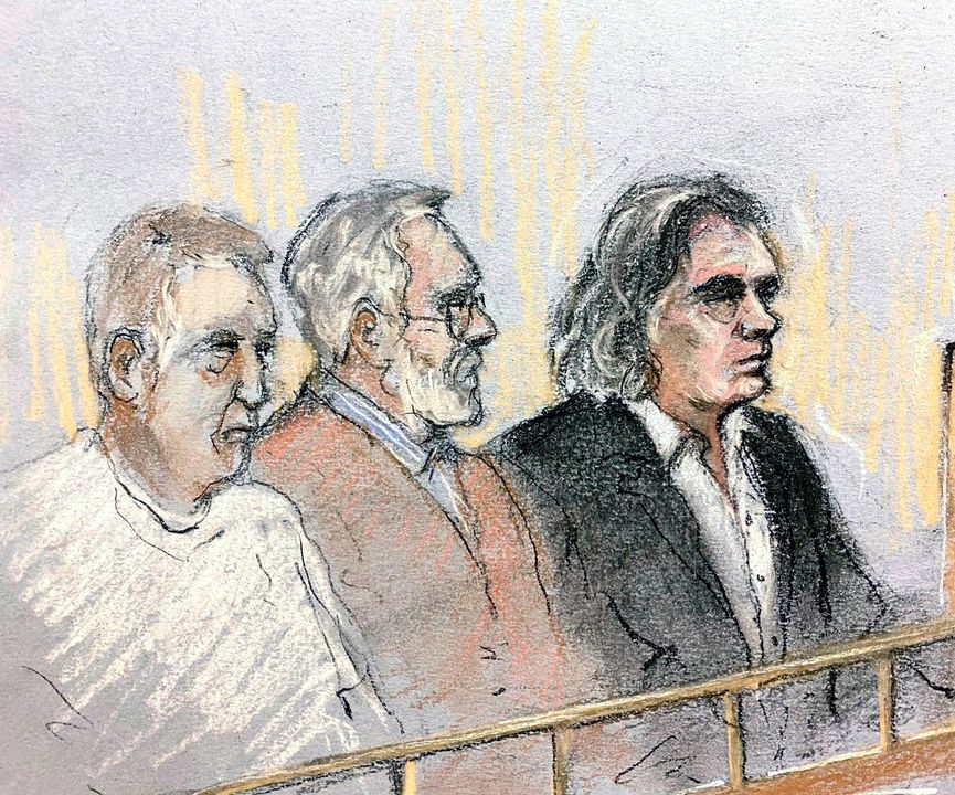 Court artist sketch by Elizabeth Cook of Jason Bonney (left), 50, and Paul Murphy, 59, alongside co-accused Gerry "The Monk" Hutch (right) during a trial at the Special Criminal Court, Dublin