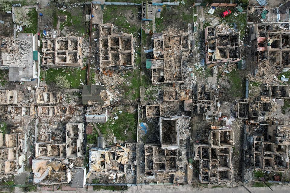 An aerial view shows the destruction to homes in the town of Irpin, outside Kyiv. Photo: Valentyn Ogirenko/Reuters