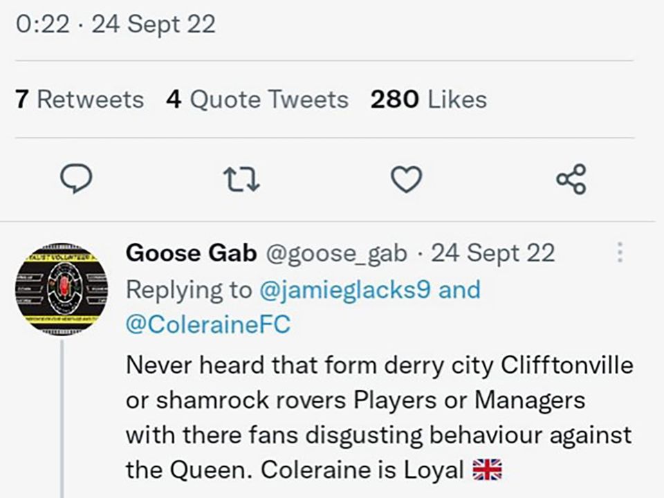 Coelraine player Jamie Glackin calls out the sectarian chating by some of the Coleraine FC fans.