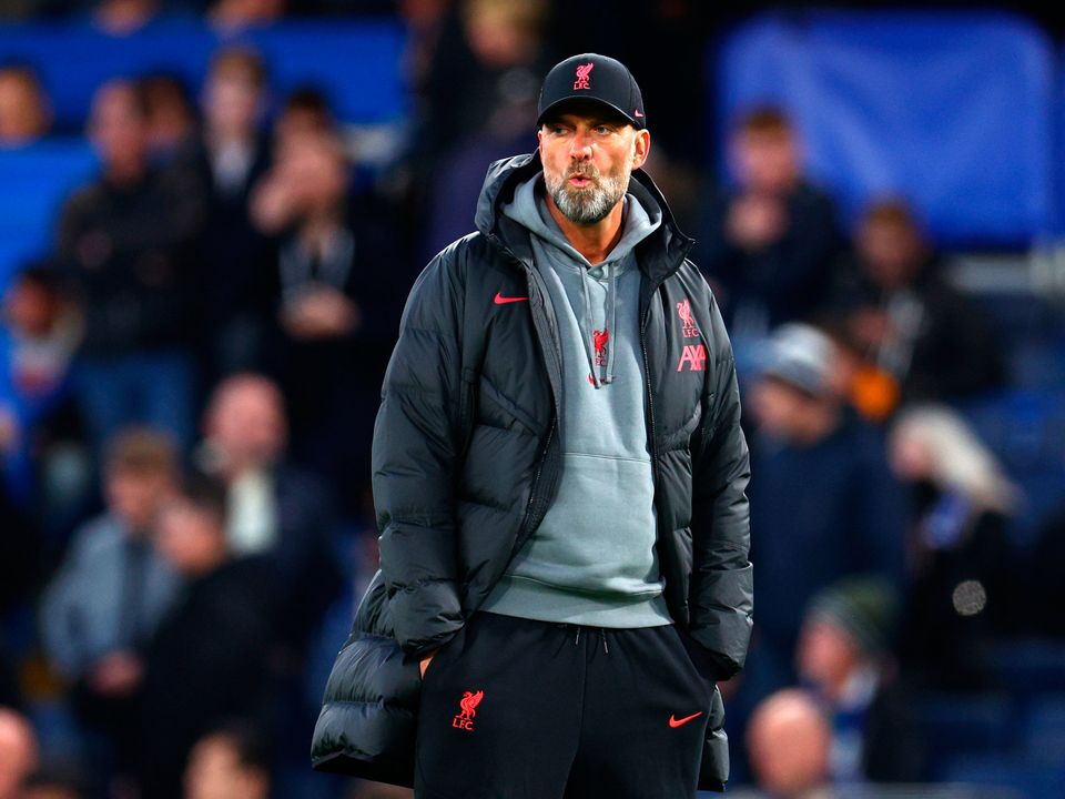 LONDON, ENGLAND - APRIL 04: Juergen Klopp, Manager of Liverpool, reacts prior to the Premier League match between Chelsea FC and Liverpool FC at Stamford Bridge on April 04, 2023 in London, England. (Photo by Clive Rose/Getty Images)