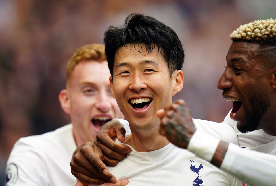 Son Heung-min (centre) celebrates his second goal of the game for Tottenham (Adam Davy/PA)